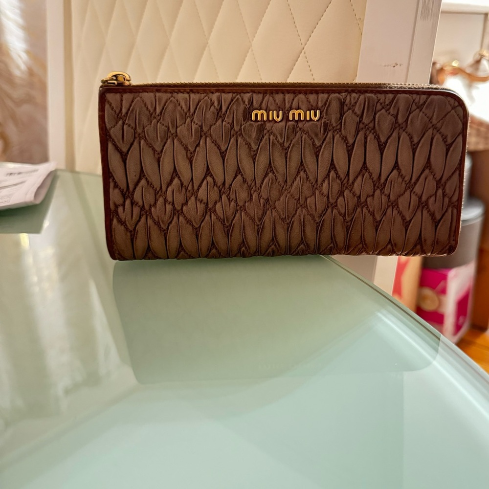 MIU MIU, Brown,Leather Matelassé Zip Around Long Wallet, Preowned